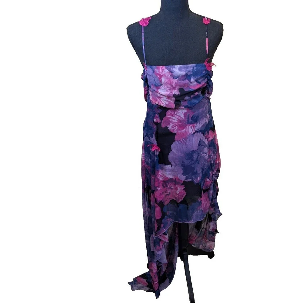 Forever 21 Women's Dress Asymmetric Floral Y2K Fairy Butterfly Ruched Size Large